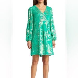 Lilly Pulitzer Teal Metallic Palm-Print Long Sleeve Shift Dress